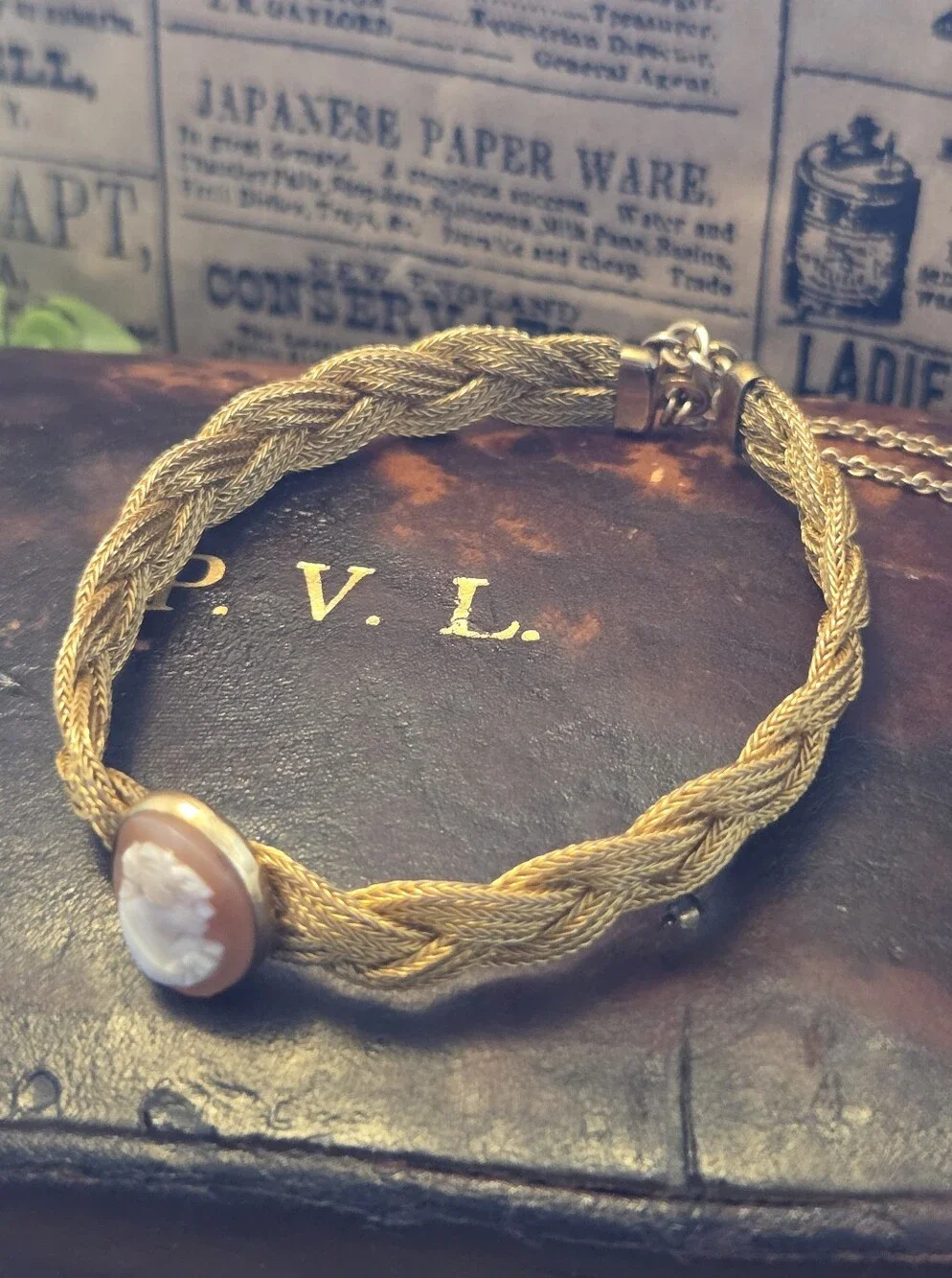 Antique Genuine Carved Cameo Gold Filled Braided Bracelet With Security Chain